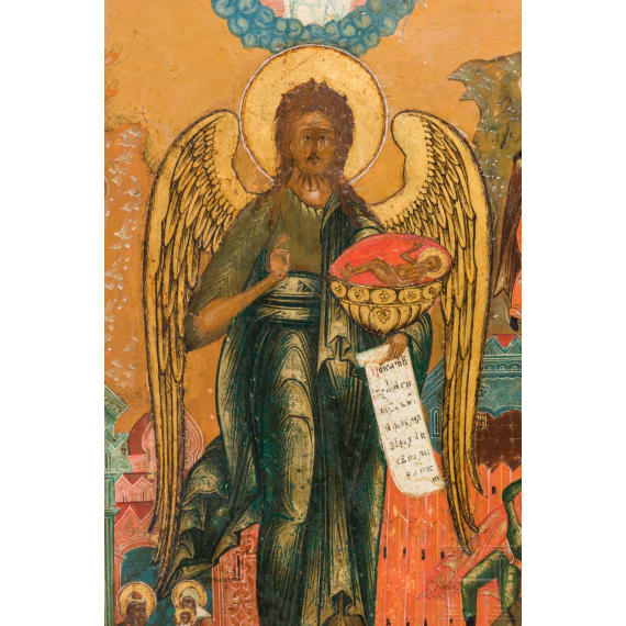 An icon showing Saint John with scenes of his life, Russia, 19th century