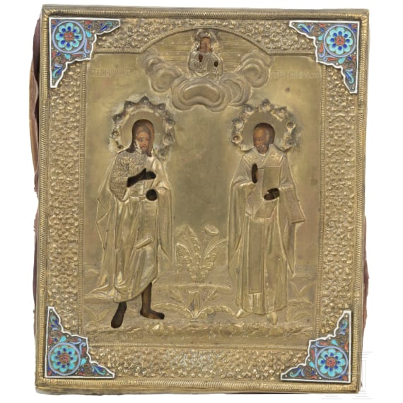 A Russian icon showing Saint John the Baptist and Saint Nicholas with oklad with cloisonn&eacute;-enamel appliques, 19th century