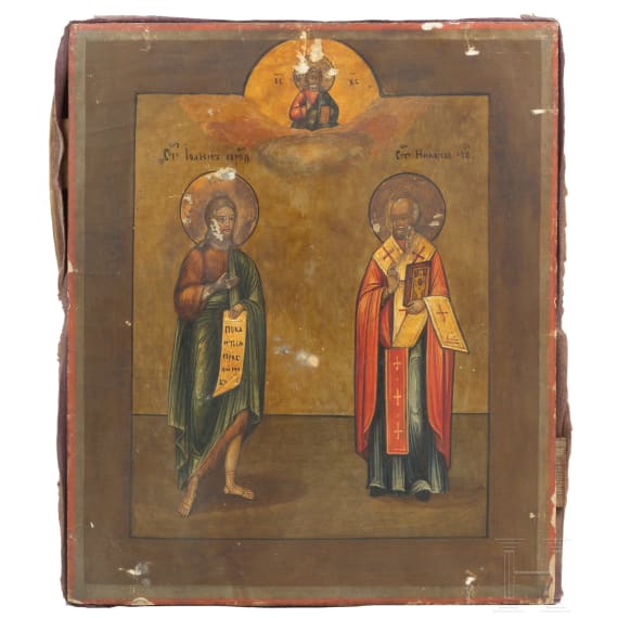 A Russian icon showing Saint John the Baptist and Saint Nicholas with oklad with cloisonn&eacute;-enamel appliques, 19th century