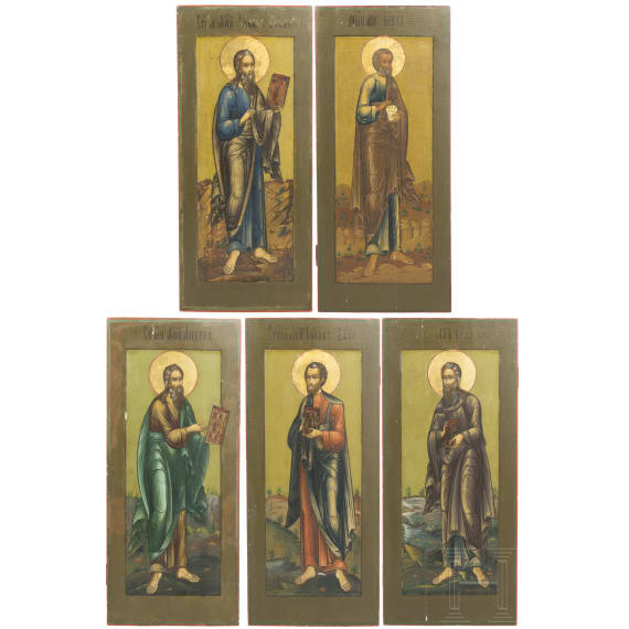 Five large Russian icons showing the Apostles Peter, Judas, Jacob Alpheos, Jacob the Elder and Andreas, 19th century