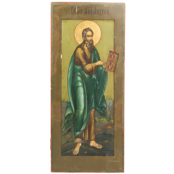 Five large Russian icons showing the Apostles Peter, Judas, Jacob Alpheos, Jacob the Elder and Andreas, 19th century