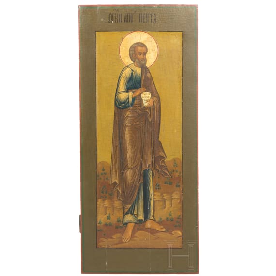 Five large Russian icons showing the Apostles Peter, Judas, Jacob Alpheos, Jacob the Elder and Andreas, 19th century