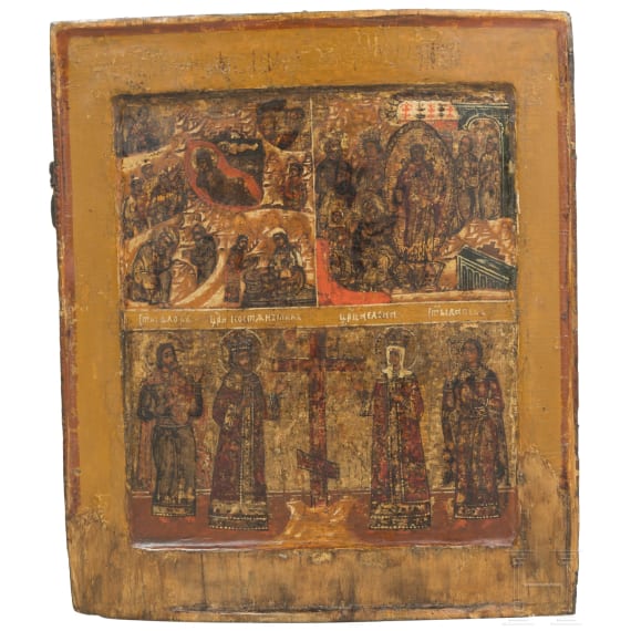 A Russian three-partite icon showing the Nativity of Christ, 17th century