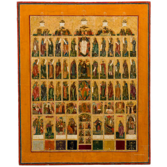 A large Russian icon featuring a complete iconostasis, 19th century