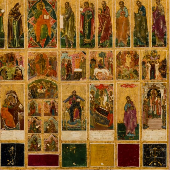 A large Russian icon featuring a complete iconostasis, 19th century