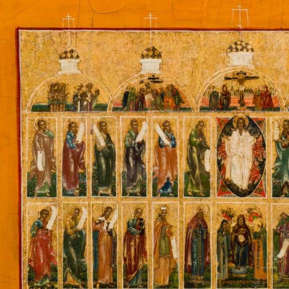 A large Russian icon featuring a complete iconostasis, 19th century