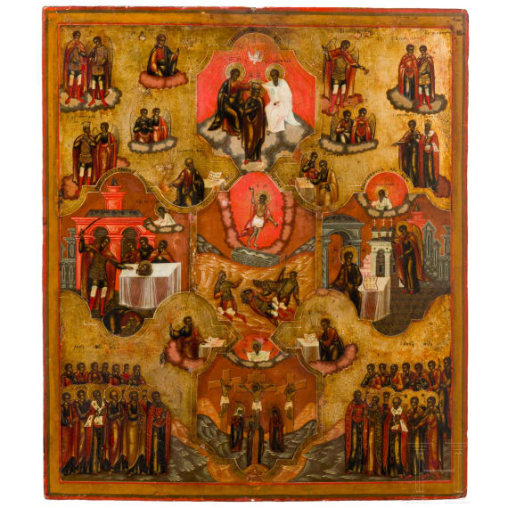 A large and rare Russian multi-partite icon showing the Crucifixion and the Resurrection of Christ, the Coronation of the Mother of God and the Annunciation, circa 1800