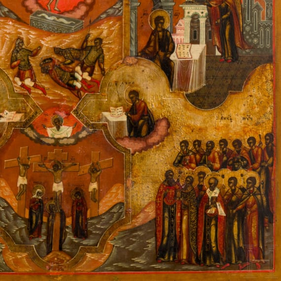 A large and rare Russian multi-partite icon showing the Crucifixion and the Resurrection of Christ, the Coronation of the Mother of God and the Annunciation, circa 1800