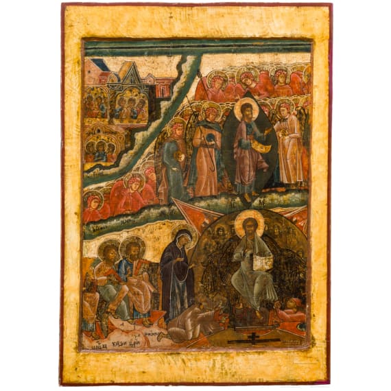 A large Russian icon showing an unusual multiple scene (Last Judgement?), circa 1600 (many areas overpainted)