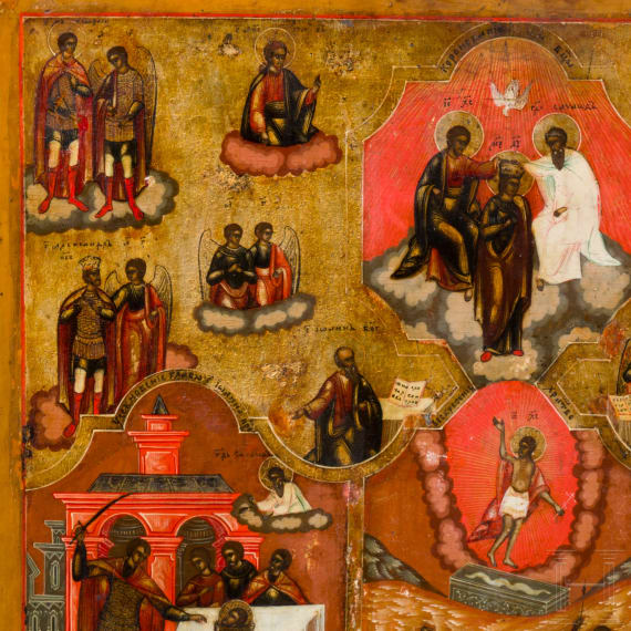 A large and rare Russian multi-partite icon showing the Crucifixion and the Resurrection of Christ, the Coronation of the Mother of God and the Annunciation, circa 1800