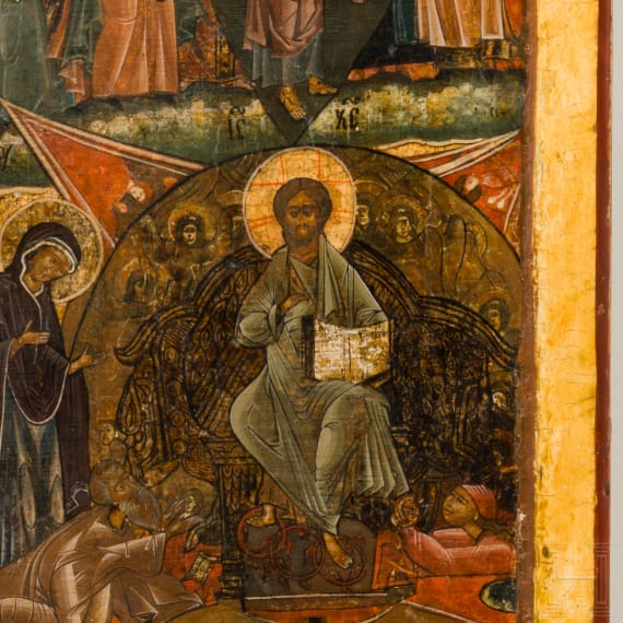 A large Russian icon showing an unusual multiple scene (Last Judgement?), circa 1600 (many areas overpainted)