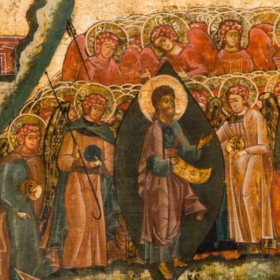 A large Russian icon showing an unusual multiple scene (Last Judgement?), circa 1600 (many areas overpainted)