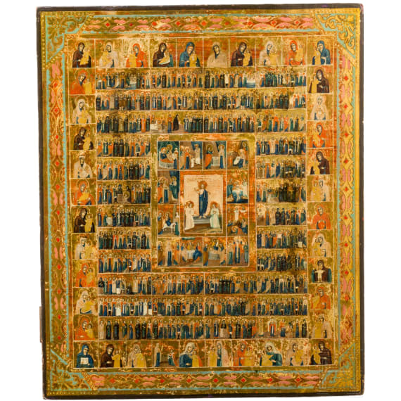 A large Russian menalogical icon with 40 devotional images of the Virgin Mary (year icon), circa 1900
