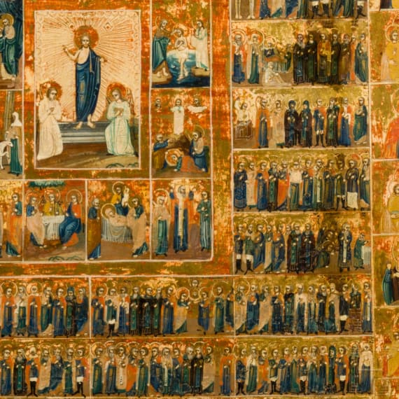 A large Russian menalogical icon with 40 devotional images of the Virgin Mary (year icon), circa 1900
