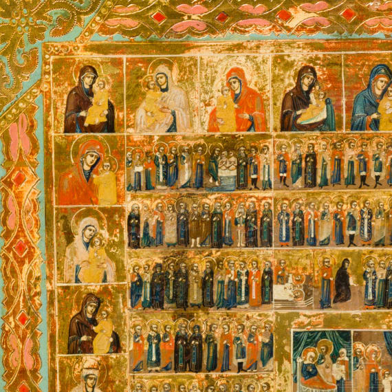 A large Russian menalogical icon with 40 devotional images of the Virgin Mary (year icon), circa 1900