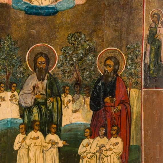 A rare Russian icon showing the three Patriarchs in Paradise, 19th century