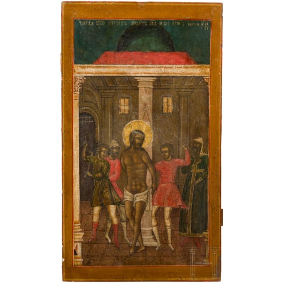 A rare and large Russian icon showing the Flagellation of Christ, circa 1800