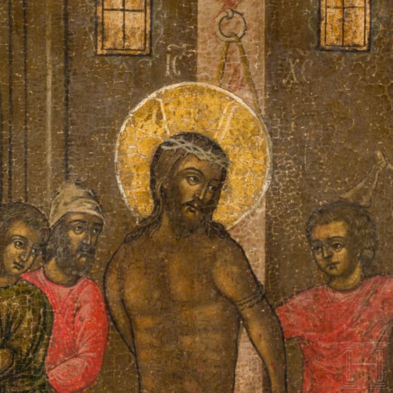 A rare and large Russian icon showing the Flagellation of Christ, circa 1800