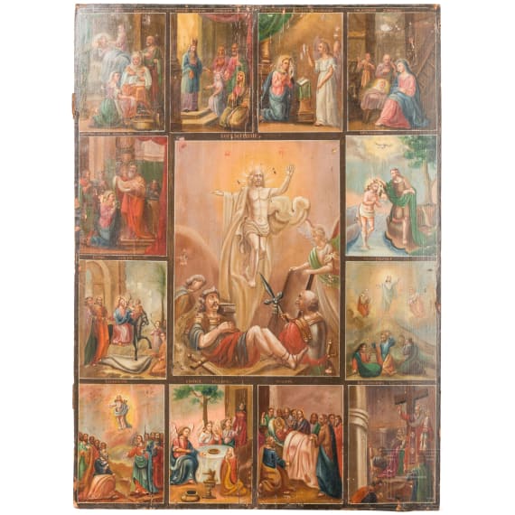 A large Russian icon showing the Resurrection of Christ and twelve feasts, late 19th century