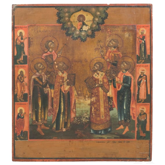 A Russian icon showing six Saints, 19th century
