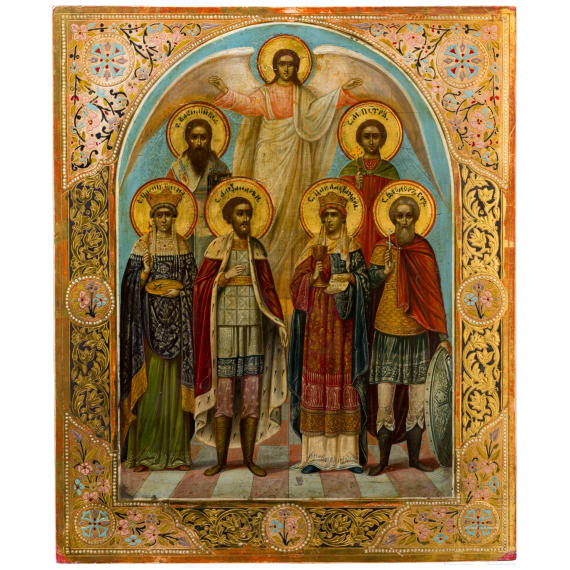 A large Russian icon showing the Guardian Angel and six selected saints, early 20th century