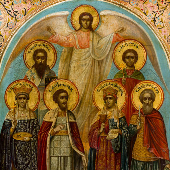 A large Russian icon showing the Guardian Angel and six selected saints, early 20th century