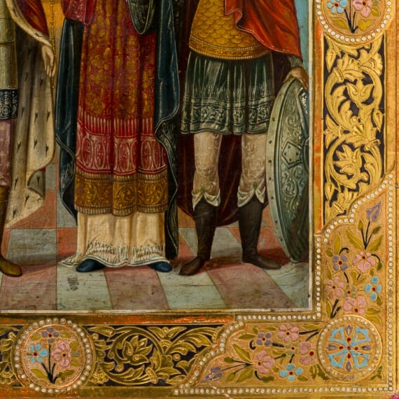 A large Russian icon showing the Guardian Angel and six selected saints, early 20th century