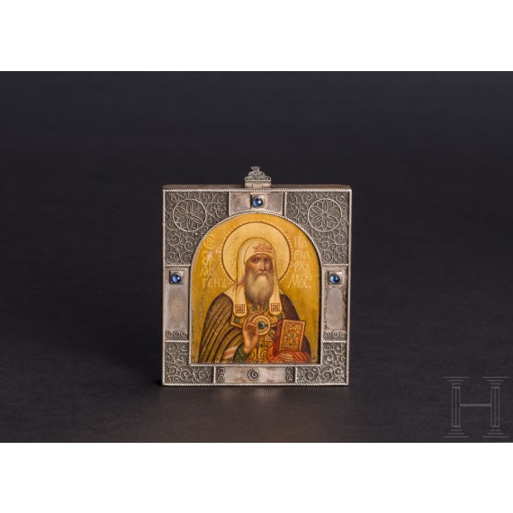 A Russian silver icon pendant showing Saint Patriarch Germogan (Hermogenus), Moscow, Karl Faberg&eacute;, 1908 - 1917