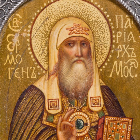 A Russian silver icon pendant showing Saint Patriarch Germogan (Hermogenus), Moscow, Karl Faberg&eacute;, 1908 - 1917