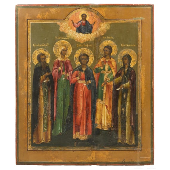 A Russian icon showing Saint Tryphon with four Saints, late 19th century