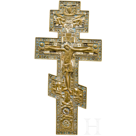 A large Russian brass crucifix with enamel, 20th century (enamel later)