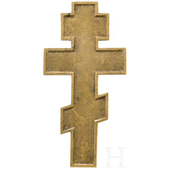 A large Russian brass crucifix with enamel, 20th century (enamel later)