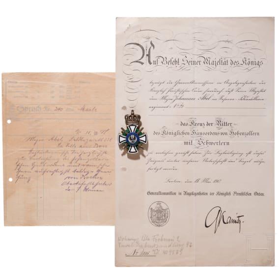 Hausorden von Hohenzollern - Ritterkreuz mit Schwertern und zwei Dokumente