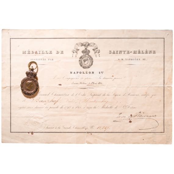 St.-Helena-Medaille mit Verleihungsurkunde f&uuml;r einen W&uuml;rttemberger