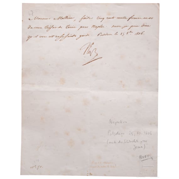 Napoleon I. - signierter Diktatbrief an Nicolas Francois Mollien, datiert "Potsdam le 25 8bre 1806"