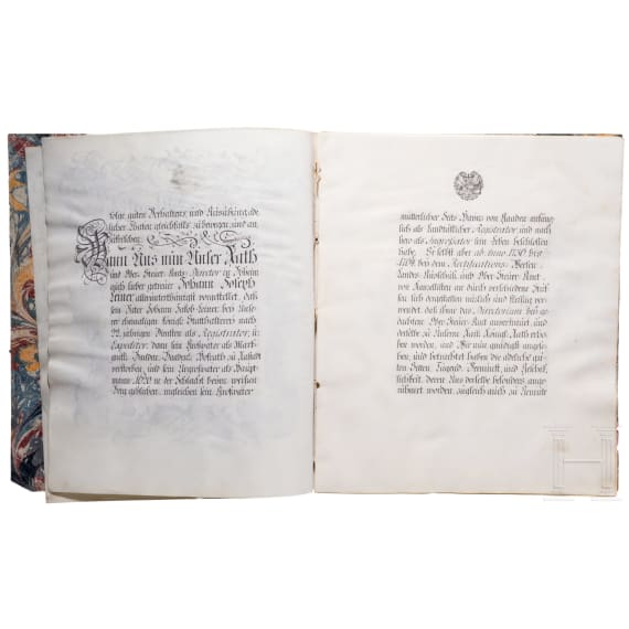 Kaiserin Maria Theresia - Adelsbrief f&uuml;r den Obersteueramtsdirektor Johann Joseph Edler von Leiner, 1774