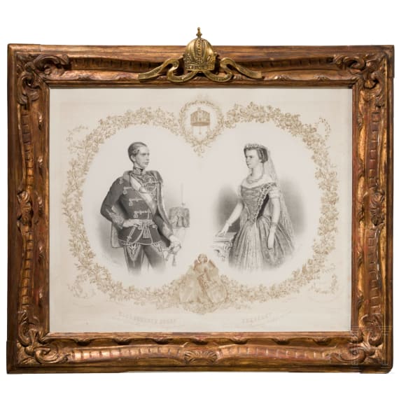 Kaiserin Elisabeth von &Ouml;sterreich und Kaiser Franz Joseph I. - prunkvoll gerahmte Lithografie als Kr&ouml;nungsbild, um 1867