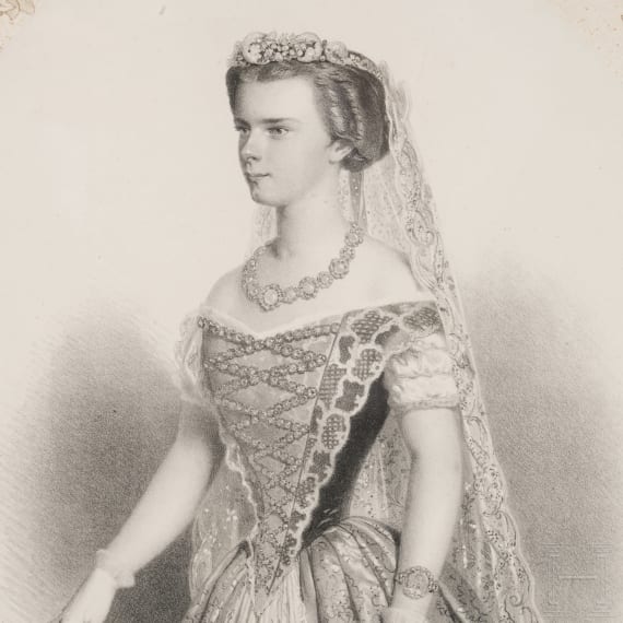 Kaiserin Elisabeth von &Ouml;sterreich und Kaiser Franz Joseph I. - prunkvoll gerahmte Lithografie als Kr&ouml;nungsbild, um 1867
