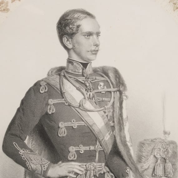 Kaiserin Elisabeth von &Ouml;sterreich und Kaiser Franz Joseph I. - prunkvoll gerahmte Lithografie als Kr&ouml;nungsbild, um 1867