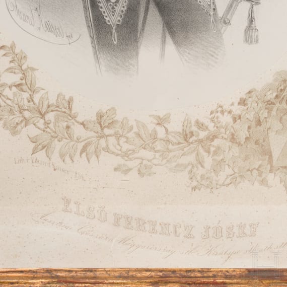 Kaiserin Elisabeth von &Ouml;sterreich und Kaiser Franz Joseph I. - prunkvoll gerahmte Lithografie als Kr&ouml;nungsbild, um 1867