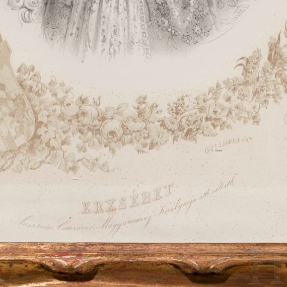 Kaiserin Elisabeth von &Ouml;sterreich und Kaiser Franz Joseph I. - prunkvoll gerahmte Lithografie als Kr&ouml;nungsbild, um 1867