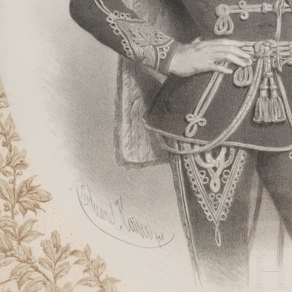 Kaiserin Elisabeth von &Ouml;sterreich und Kaiser Franz Joseph I. - prunkvoll gerahmte Lithografie als Kr&ouml;nungsbild, um 1867