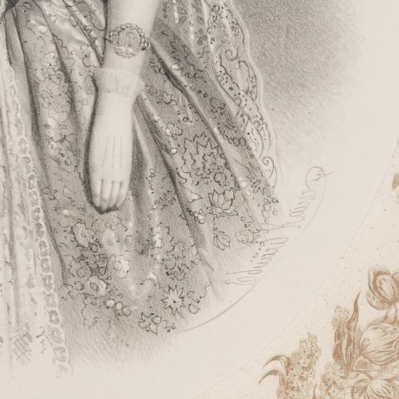 Kaiserin Elisabeth von &Ouml;sterreich und Kaiser Franz Joseph I. - prunkvoll gerahmte Lithografie als Kr&ouml;nungsbild, um 1867