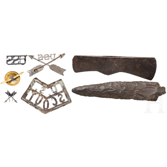 Chief Hunting Horse - Abzeichen, Tomahawk-Klinge und Speerspitze des Indian Scout von General Custer
