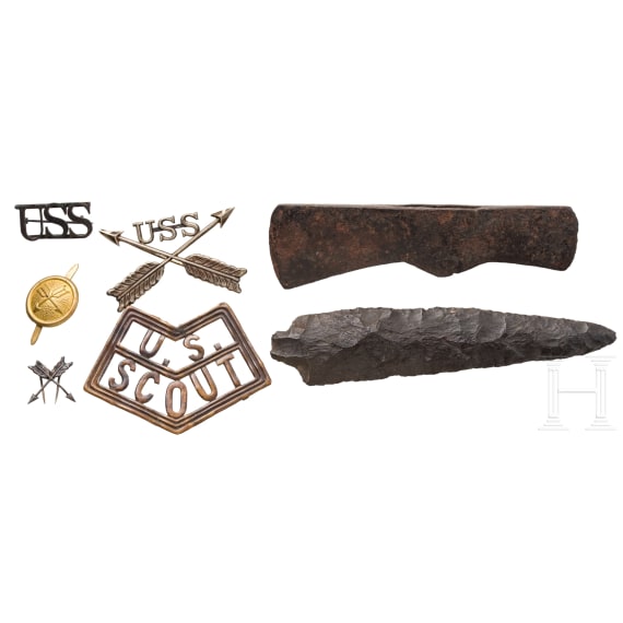 Chief Hunting Horse - Abzeichen, Tomahawk-Klinge und Speerspitze des Indian Scout von General Custer