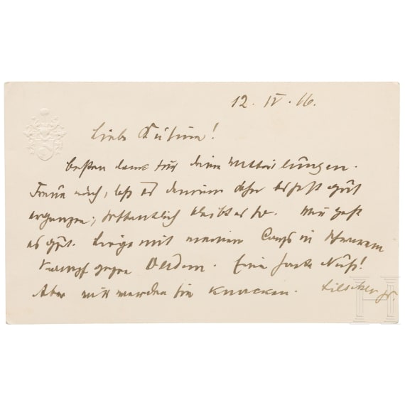 General der Infanterie Berthold von Deimling (1853-1944), eigenh&auml;ndig geschriebene und signierte Gru&szlig;karte mit Unterschrift, 1916