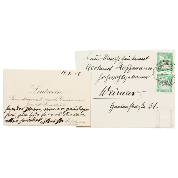Generalmajor Theodor Leutwein (1849 - 1921) - eigenh&auml;ndig beschriebene Visitenkarte in &Uuml;bersendungskuvert an die Sammlerin, 1912