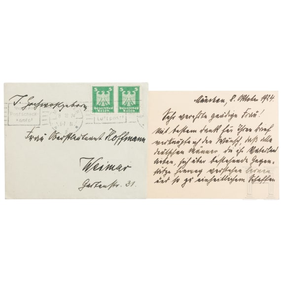 Oberst Hans von Sei&szlig;er (1874 - 1973) - Karte mit eigenh&auml;ndigem Text und Unterschrift, Kuvert adressiert an die Sammlerin, 1924