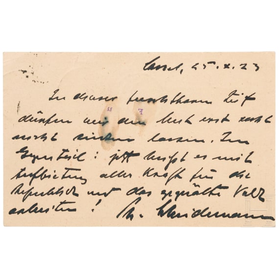 Philipp Scheidemann (1865-1939) - eigenh&auml;ndige und signierte Postkarte an die Sammlerin vom 25. X. 1923