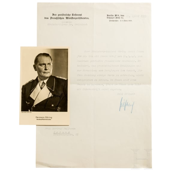 Hermann G&ouml;ring (1893 - 1946) - signierte Portraitpostkarte mit &Uuml;bersendungsschreiben an die Sammlerin, 1935